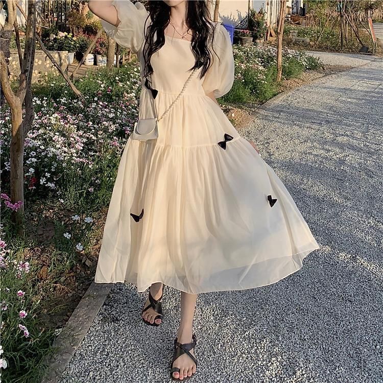 Plain Sundress Puff-Sleeve Square Bow Midi Neck