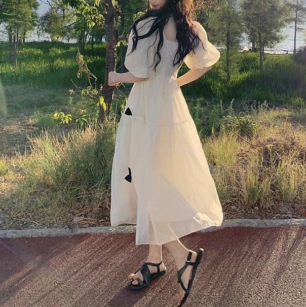 Plain Sundress Puff-Sleeve Square Bow Midi Neck