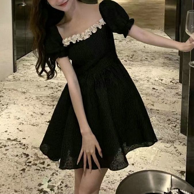 Ruffle Plain Neck Mini Puff-Sleeve A-Line Square Dress