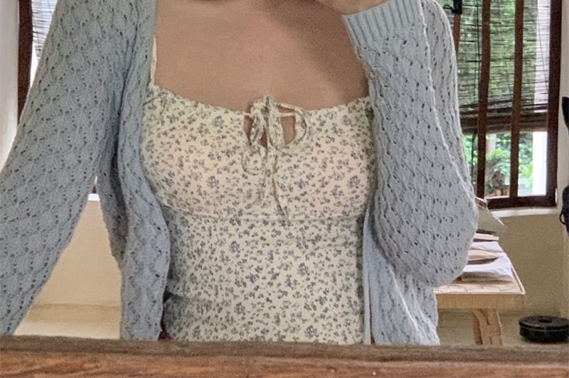 / Floral Top Camisole Crop Plain Knit Pointelle Print Cardigan Drawstring