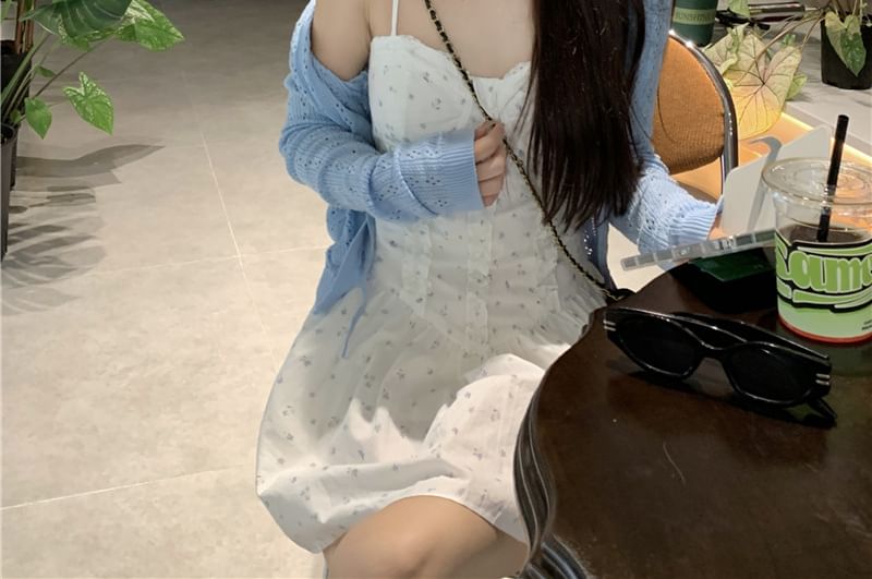 Strap Floral Mini Pointelle Dress / Cardigan Spaghetti Print Ruffle A-Line Plain