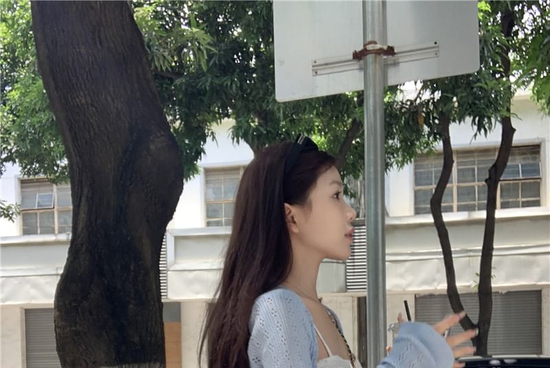 Strap Floral Mini Pointelle Dress / Cardigan Spaghetti Print Ruffle A-Line Plain