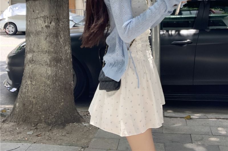Strap Floral Mini Pointelle Dress / Cardigan Spaghetti Print Ruffle A-Line Plain