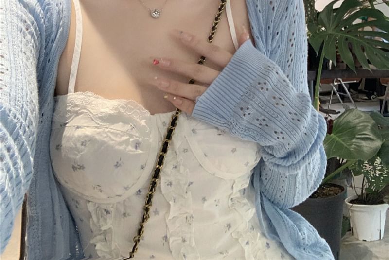 Strap Floral Mini Pointelle Dress / Cardigan Spaghetti Print Ruffle A-Line Plain