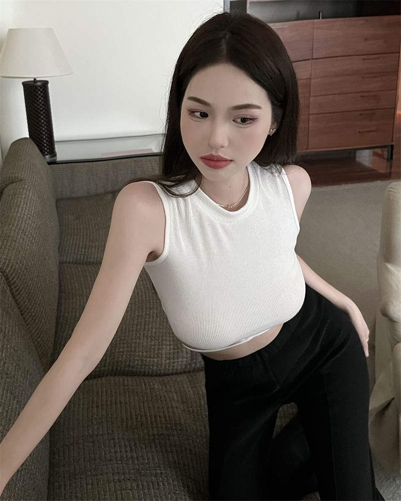 Back Top Crop Cross Tie Plain Crew Criss Tank Neck