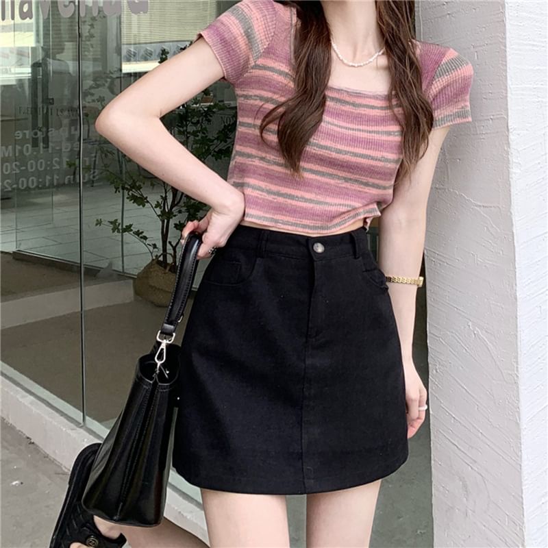 High Waist Mini A-Line Skirt Plain