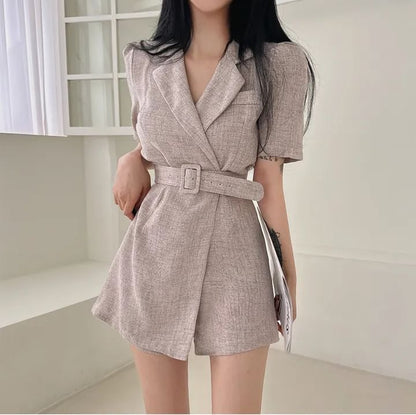 Short-Sleeve Belted Midi Blazer Dress