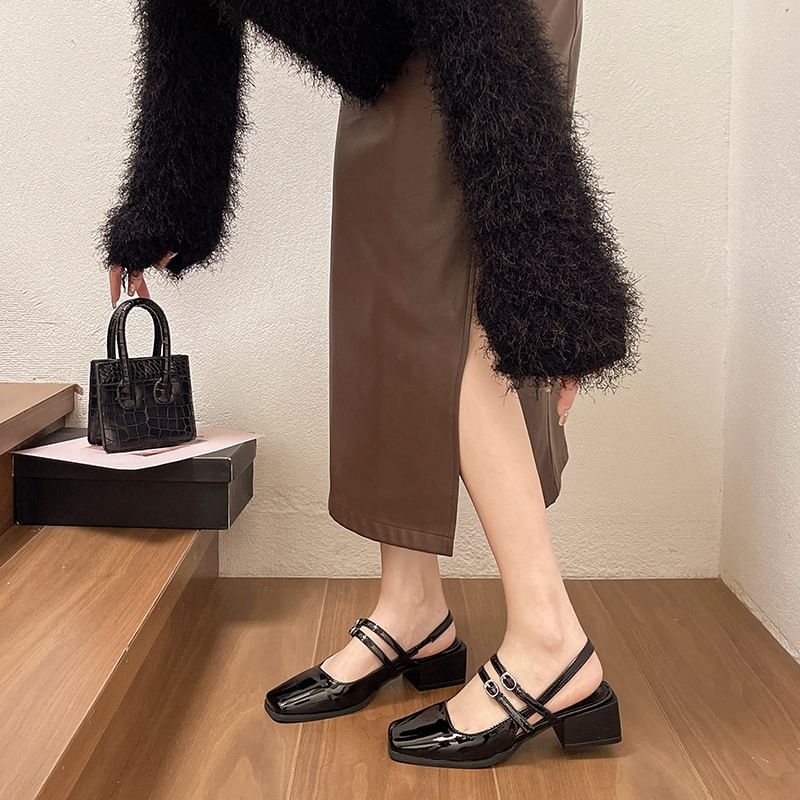 Heel Square-Toe Block Buckled Slingback Sandals