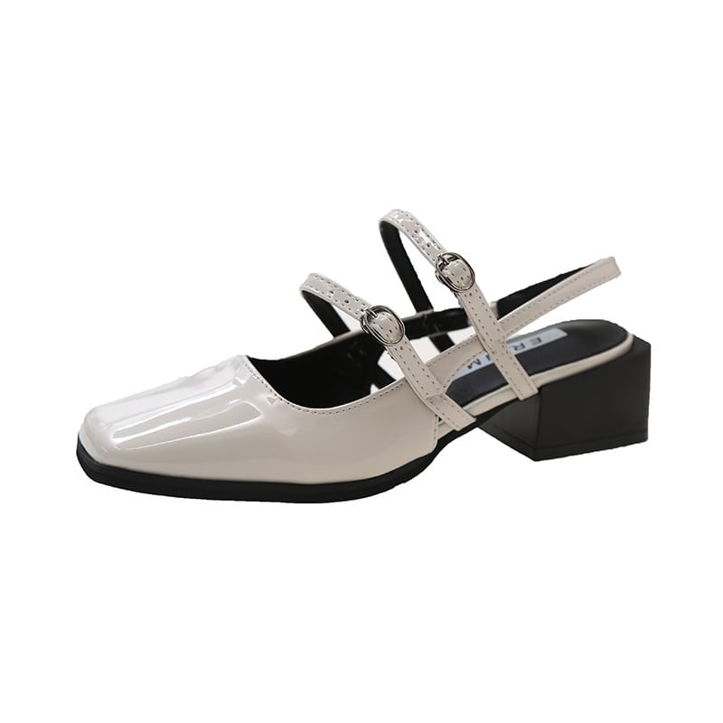 Heel Square-Toe Block Buckled Slingback Sandals