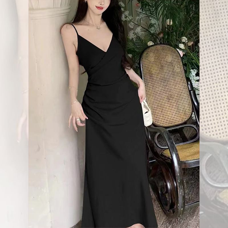 Spaghetti Strap Plain Ruched Slit Midi A-Line Dress