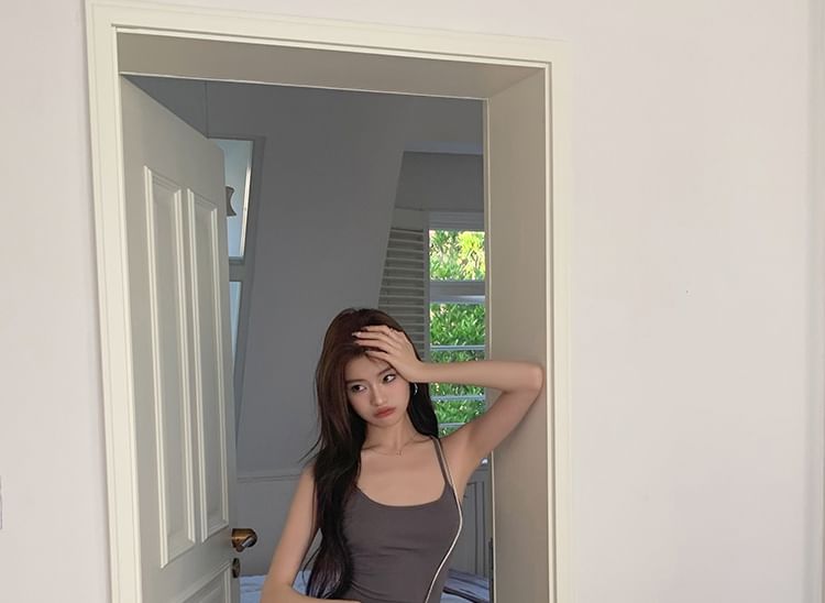 Slit Mermaid Scoop Back Plain Open Neck Midi Strap Dress Spaghetti