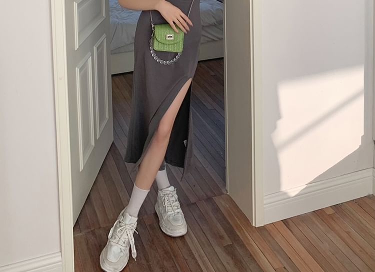 Slit Mermaid Scoop Back Plain Open Neck Midi Strap Dress Spaghetti