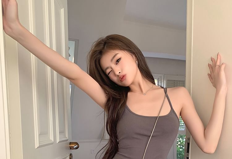 Slit Mermaid Scoop Back Plain Open Neck Midi Strap Dress Spaghetti