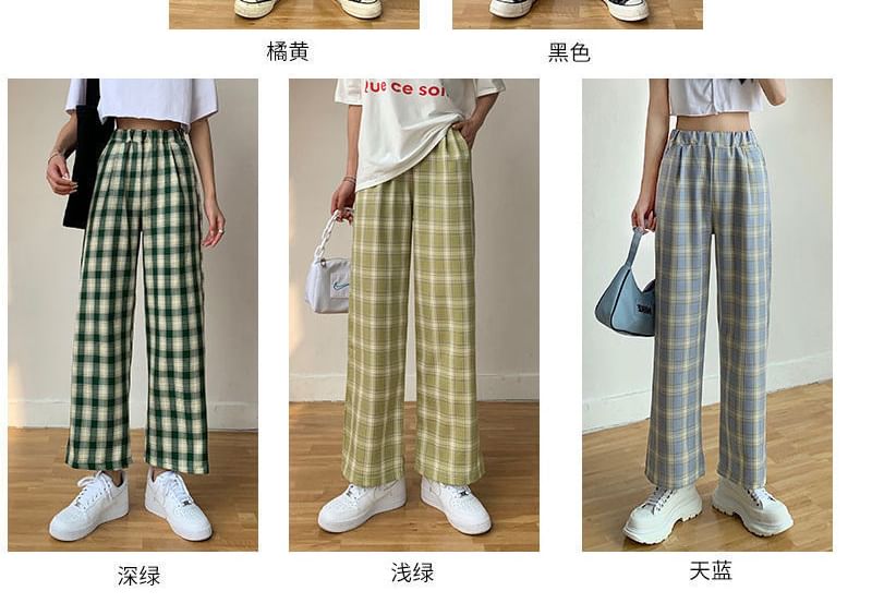 Waist Wide Leg Pants Elastic Plaid
