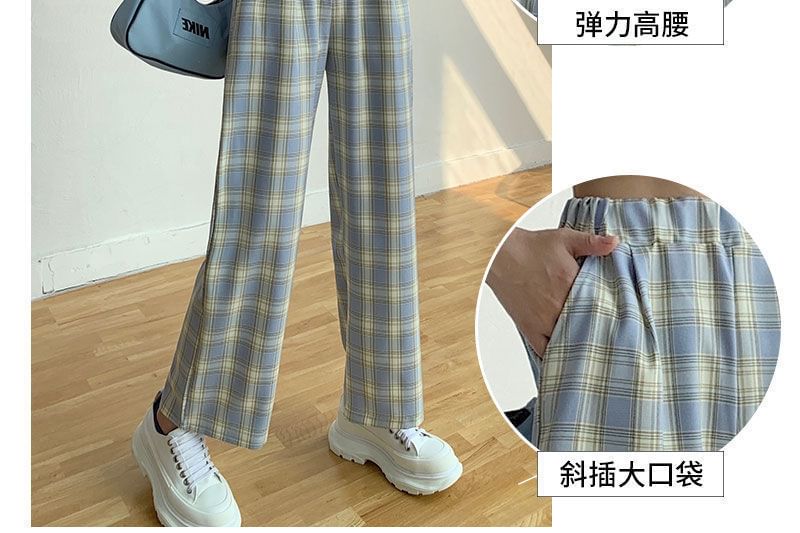 Waist Wide Leg Pants Elastic Plaid