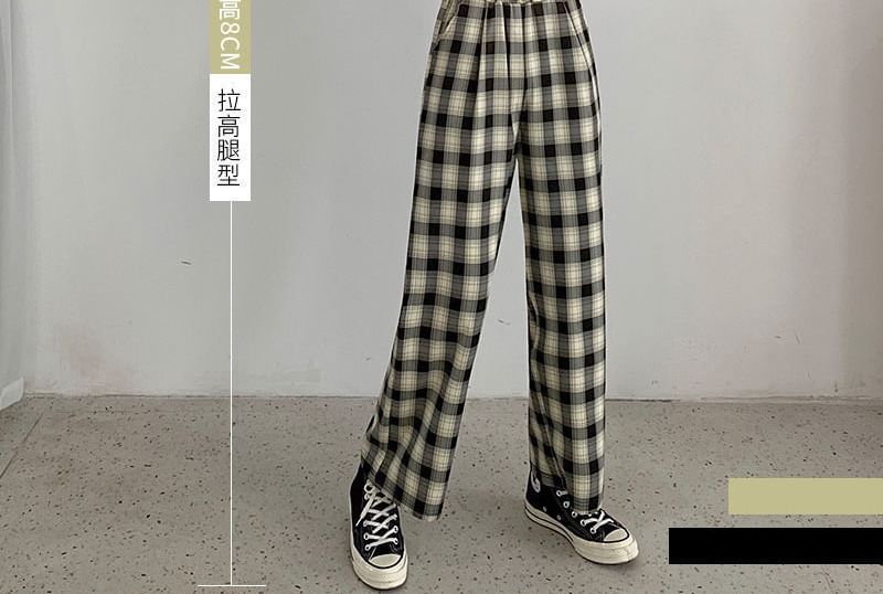Waist Wide Leg Pants Elastic Plaid