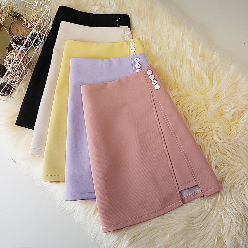 Panel Skirt A-Line Plain High Mini Waist Button