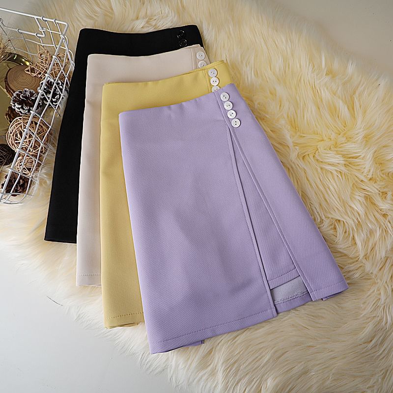 Panel Skirt A-Line Plain High Mini Waist Button
