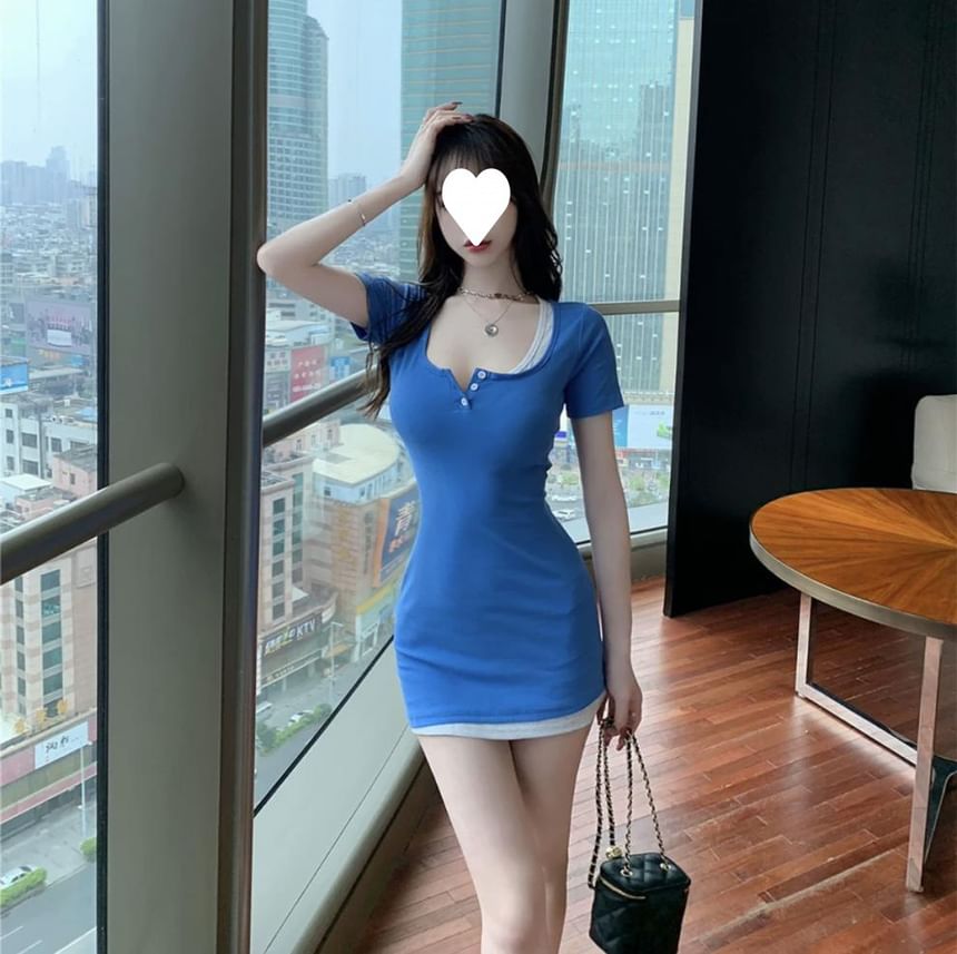 Mock Two Sheath Piece Mini Dress Henley Short-Sleeve