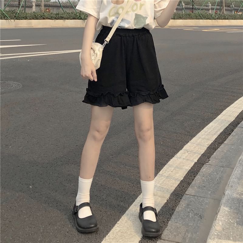 Waist Elastic Shorts Plain Ruffle
