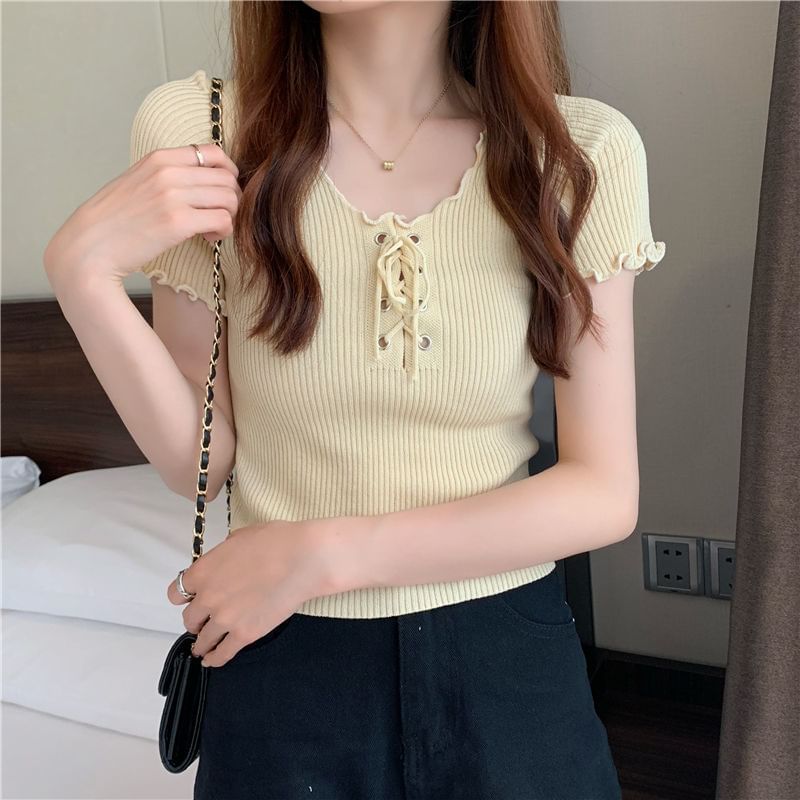 Plain Short-Sleeve Top Up Ribbed V-Neck Knit Lace