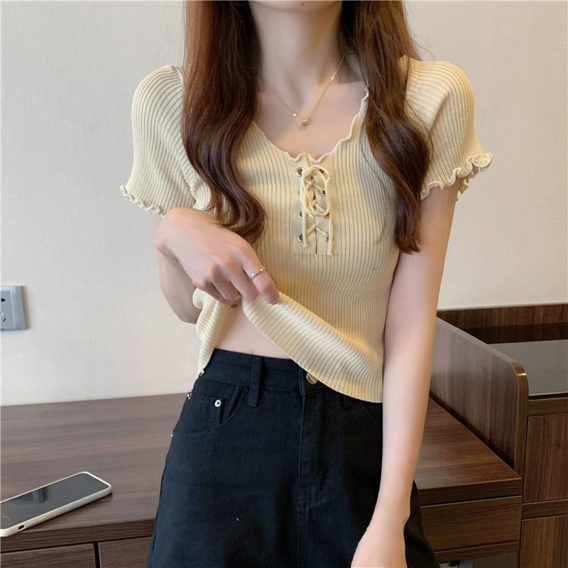 Plain Short-Sleeve Top Up Ribbed V-Neck Knit Lace