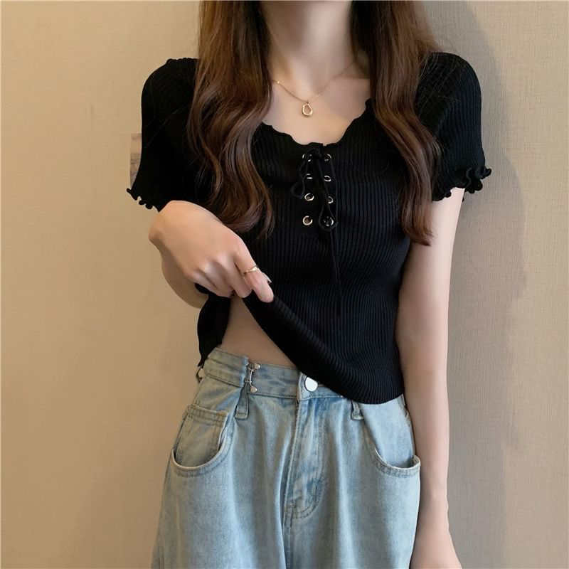 Plain Short-Sleeve Top Up Ribbed V-Neck Knit Lace