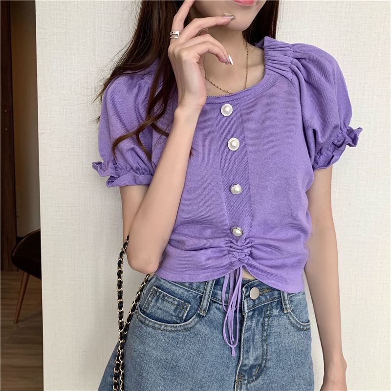 Short-Sleeve Neck Drawstring Button Square Top Pearl Faux Knit Plain