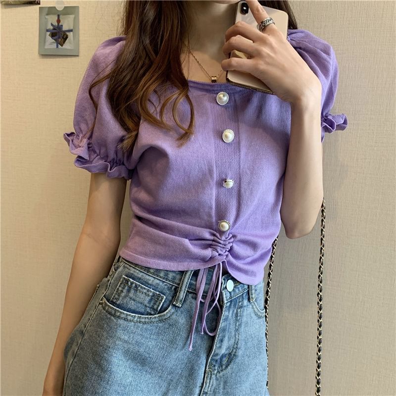 Short-Sleeve Neck Drawstring Button Square Top Pearl Faux Knit Plain