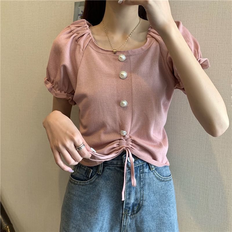 Short-Sleeve Neck Drawstring Button Square Top Pearl Faux Knit Plain