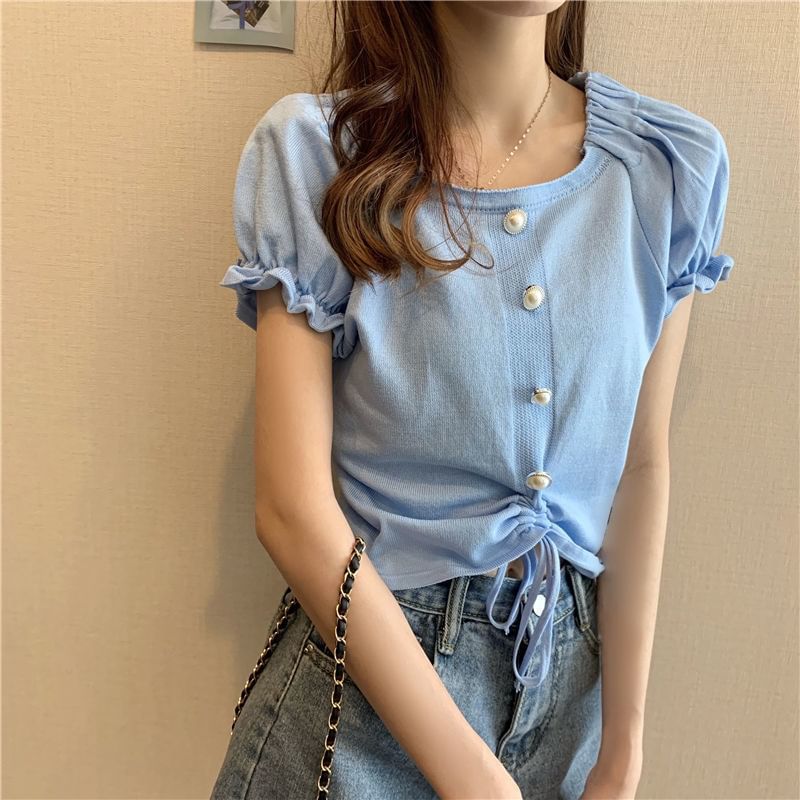 Short-Sleeve Neck Drawstring Button Square Top Pearl Faux Knit Plain