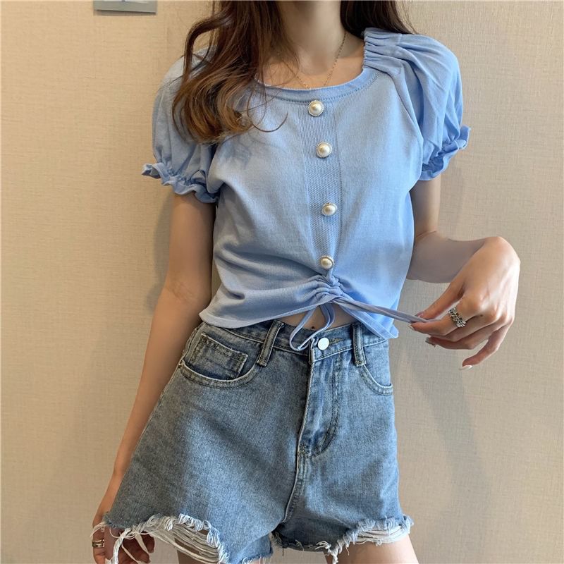 Short-Sleeve Neck Drawstring Button Square Top Pearl Faux Knit Plain