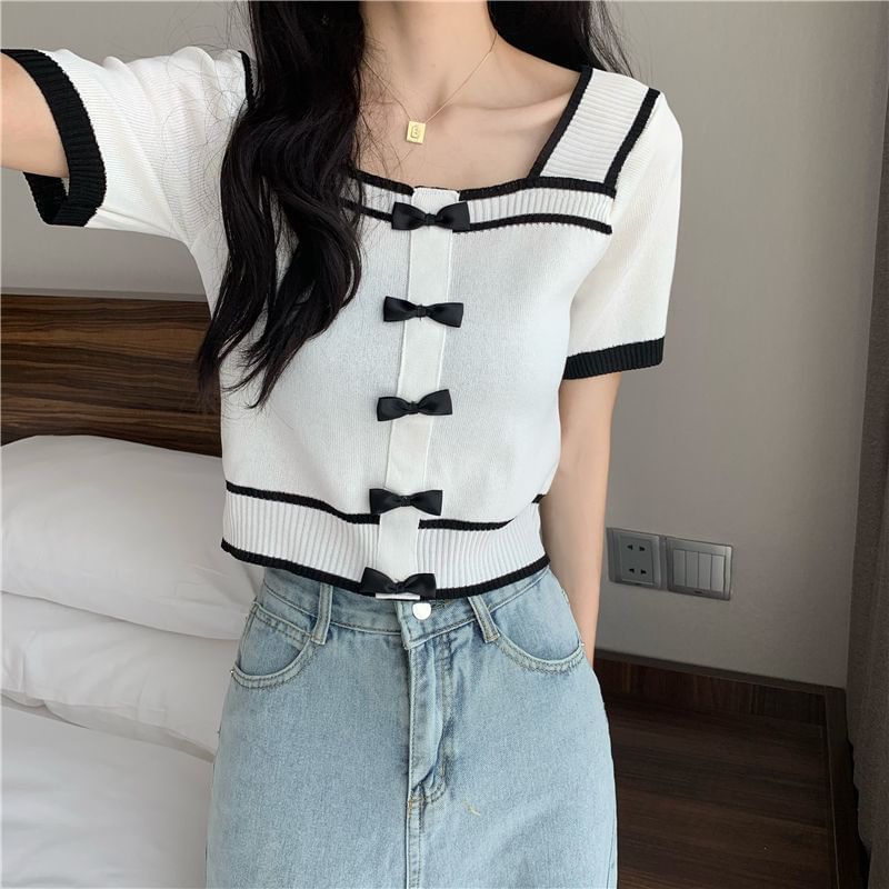 Knit Square Top Bow Short-Sleeve Neck