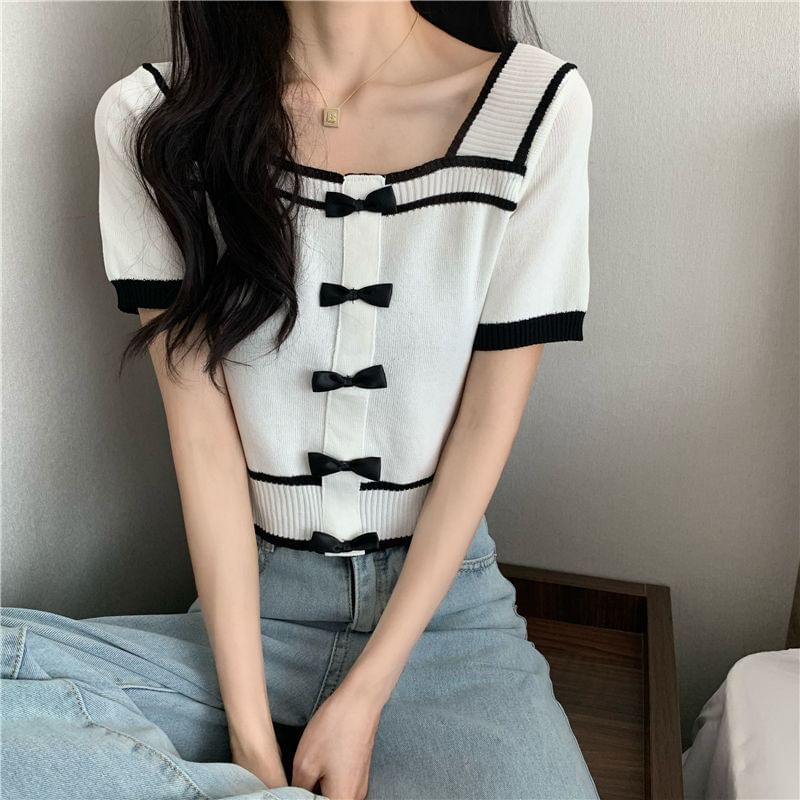 Knit Square Top Bow Short-Sleeve Neck