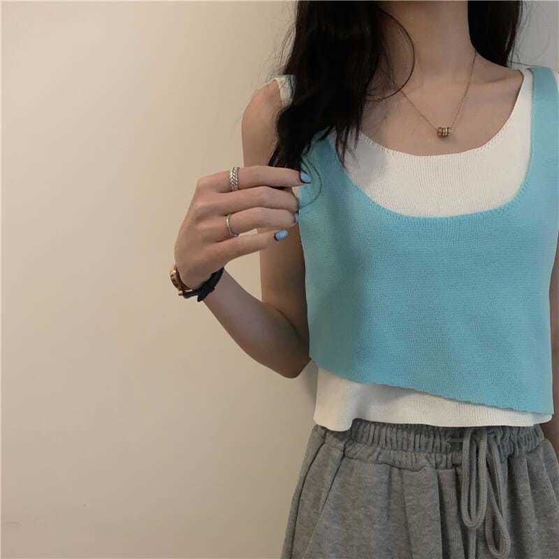 Knit Neck Top Scoop Two Tank Mock Piece
