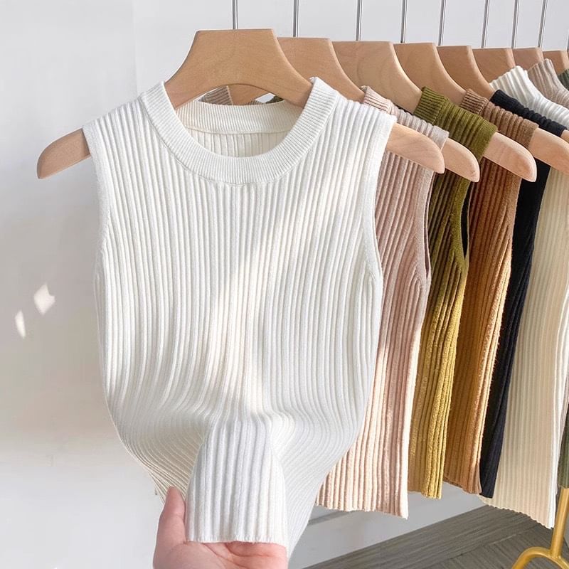 Top Neck Plain Knit Ribbed Crew Tank