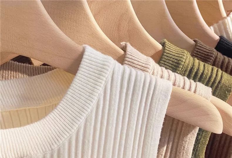 Top Neck Plain Knit Ribbed Crew Tank