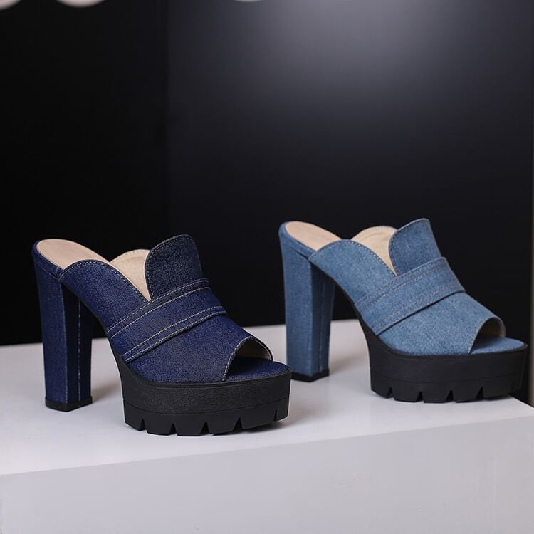 Denim Washed Sandals Heel Chunky