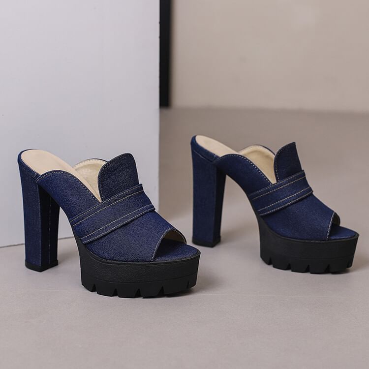 Denim Washed Sandals Heel Chunky