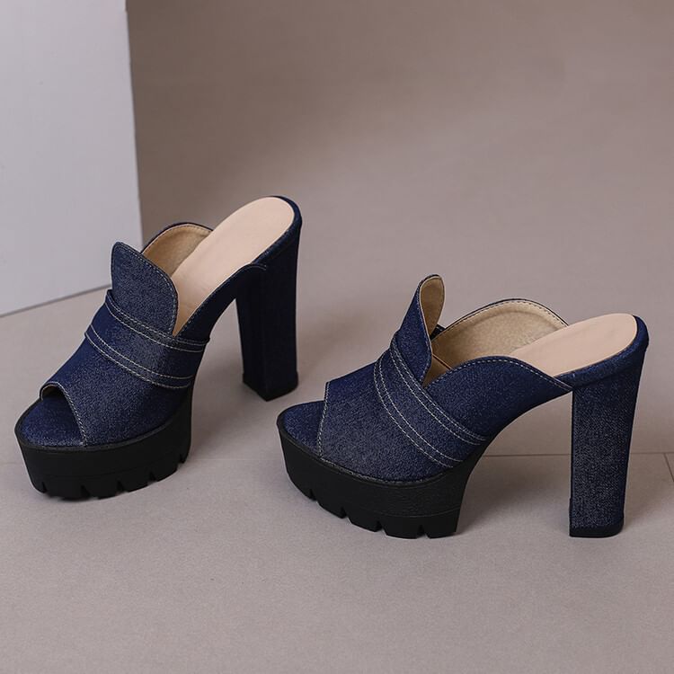 Denim Washed Sandals Heel Chunky