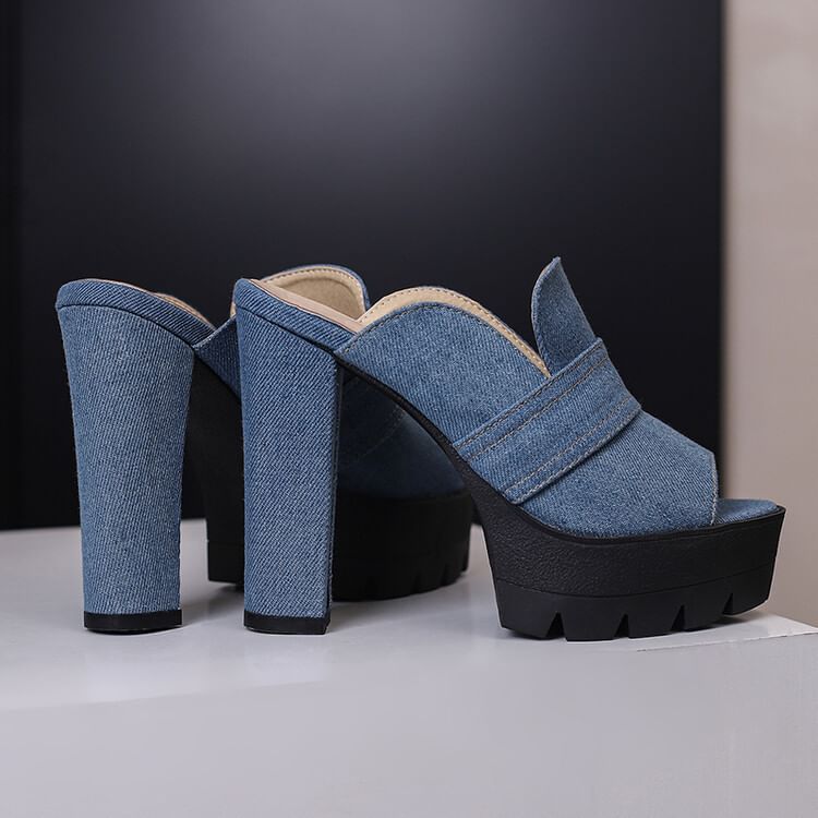 Denim Washed Sandals Heel Chunky