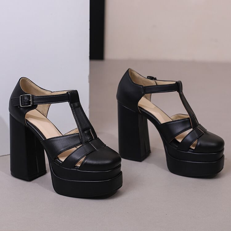 Faux Sandals Buckled Chunky Plain Heel Leather