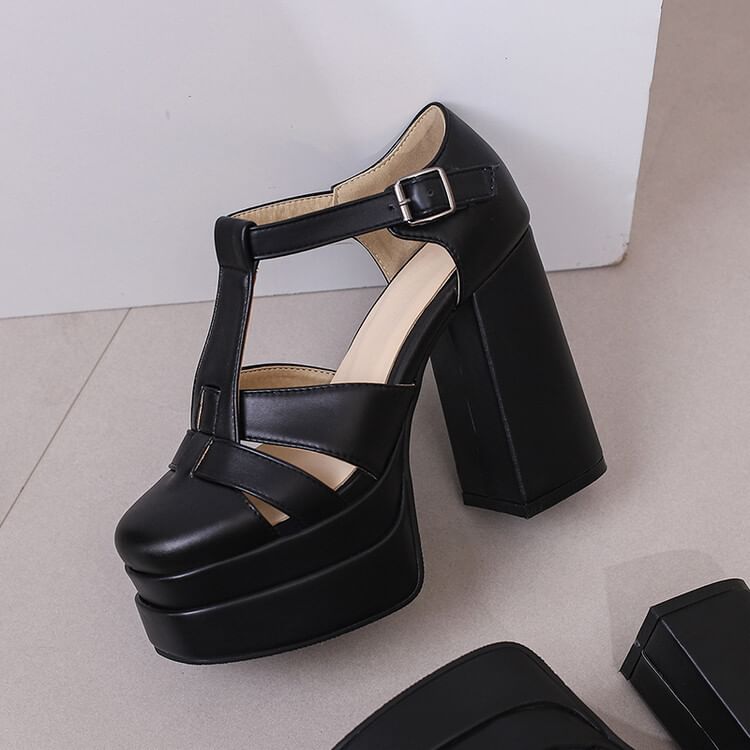 Faux Sandals Buckled Chunky Plain Heel Leather