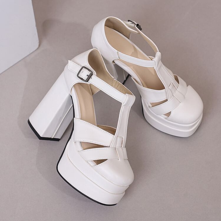 Faux Sandals Buckled Chunky Plain Heel Leather