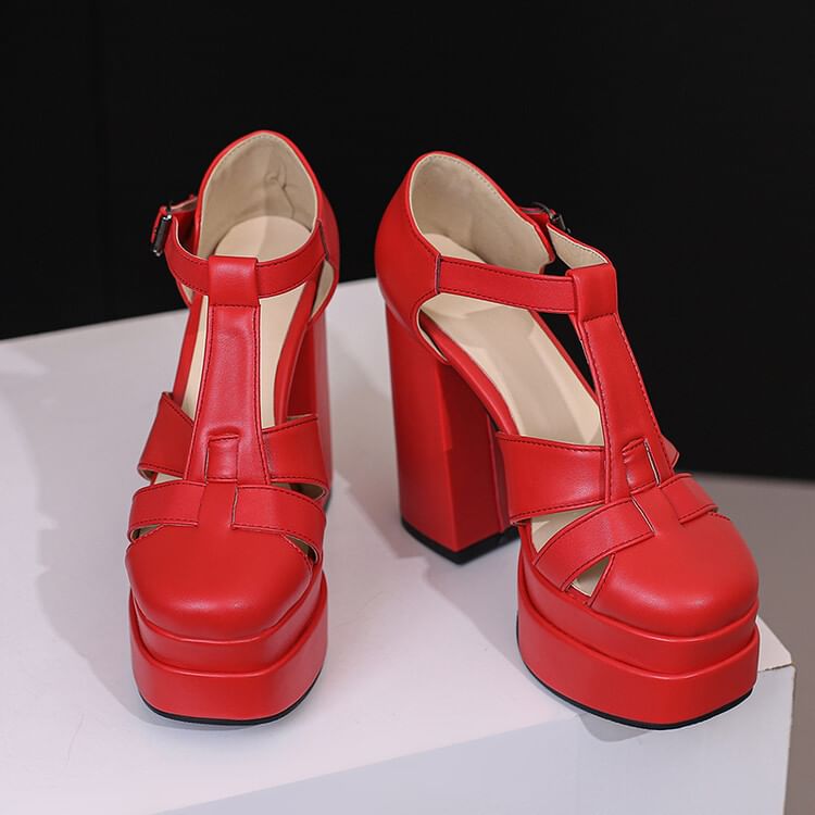 Faux Sandals Buckled Chunky Plain Heel Leather