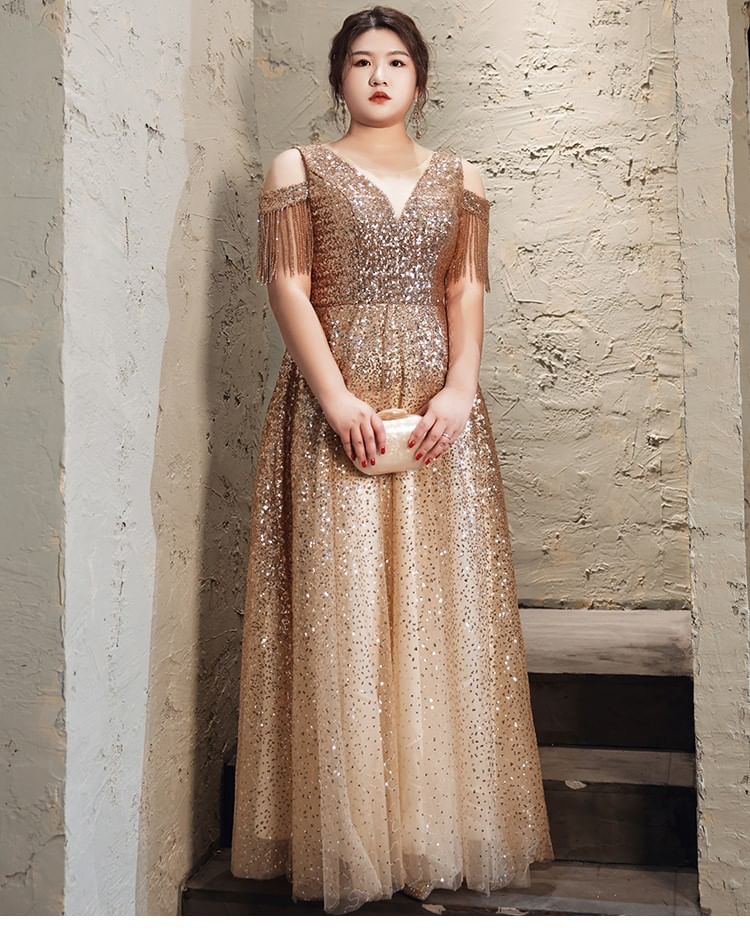 Plus Size Cold-Shoulder Sequin Fringed A-Line Evening Gown