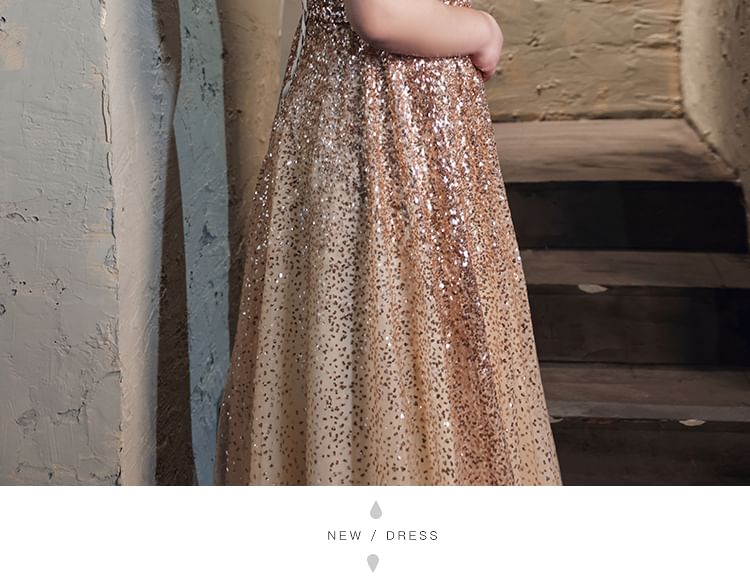 Plus Size Cold-Shoulder Sequin Fringed A-Line Evening Gown