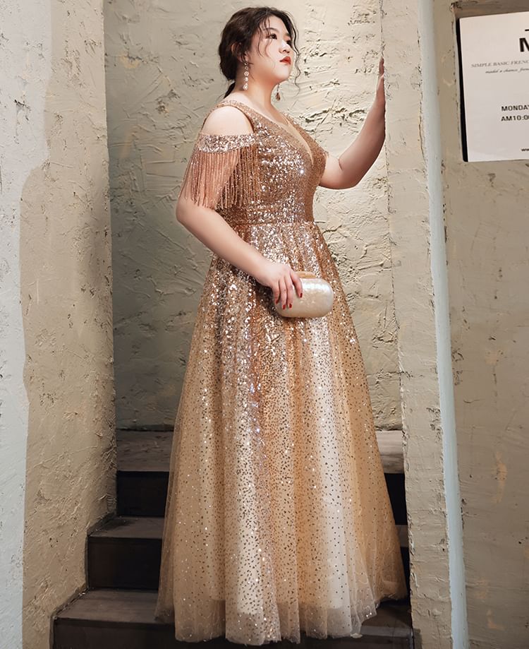 Plus Size Cold-Shoulder Sequin Fringed A-Line Evening Gown
