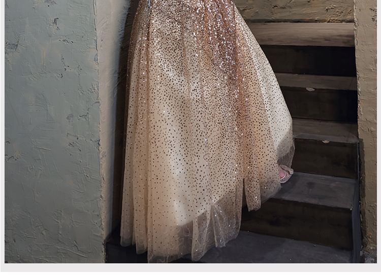 Plus Size Cold-Shoulder Sequin Fringed A-Line Evening Gown