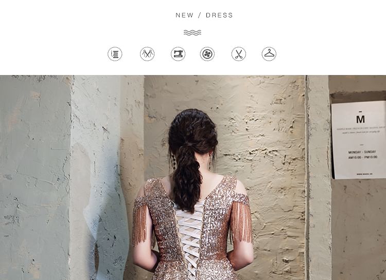 Plus Size Cold-Shoulder Sequin Fringed A-Line Evening Gown